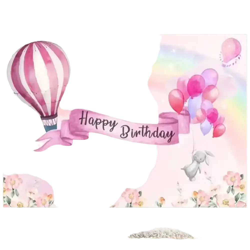 A pink and white striped hot air balloon with happy birthday banner above colorful balloons easter bunny floral backdrop