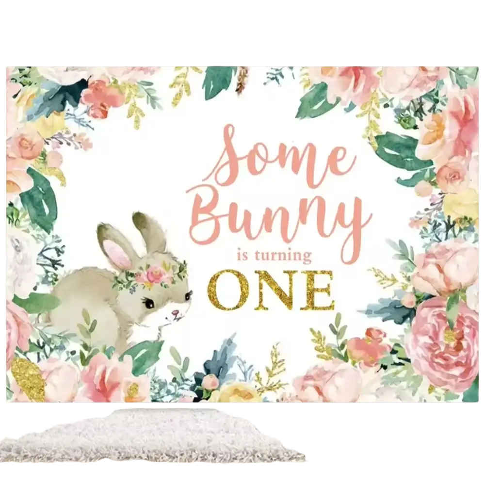 Easter bunny floral photography backdrop featuring a soft gray bunny with a floral crown and watercolor flowers