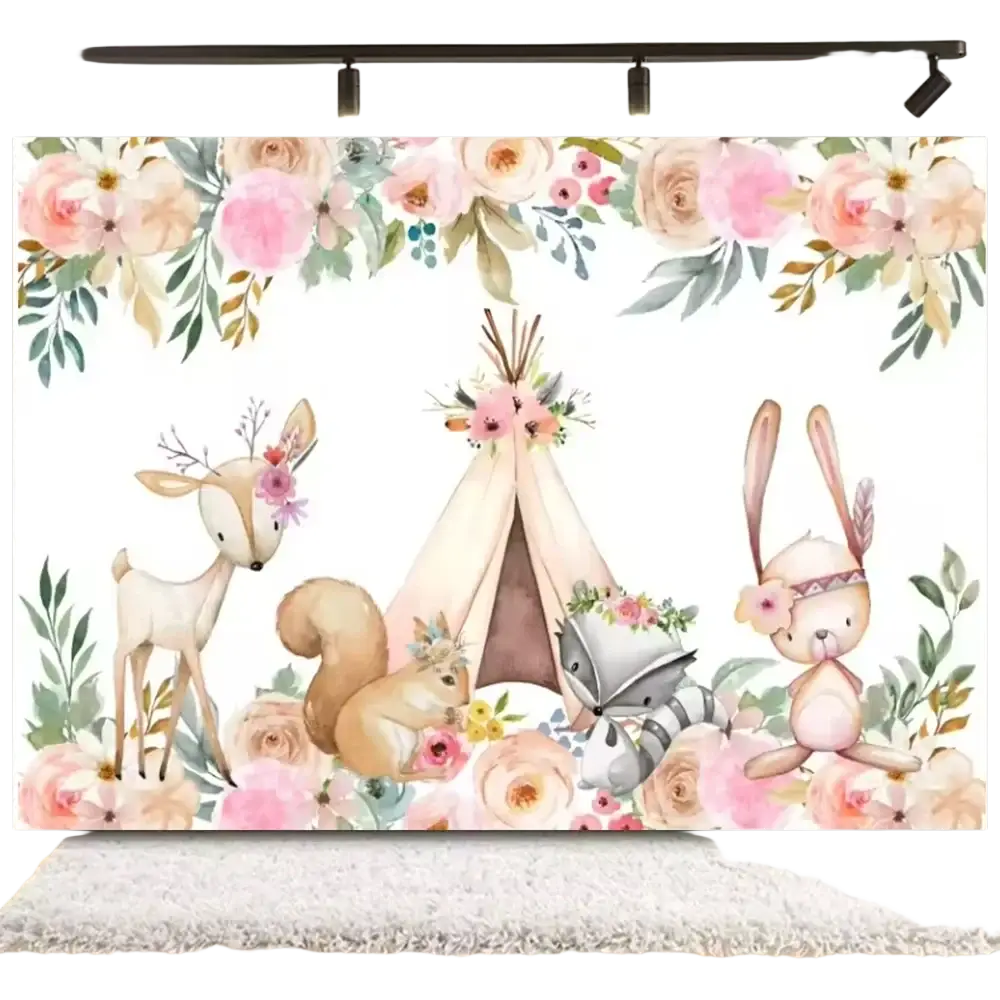 A soft pastel floral photography backdrop featuring a watercolor teepee and woodland animals for easter bunny shoots
