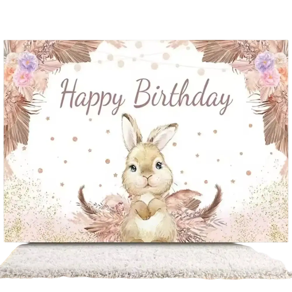 Easter bunny floral photography backdrop featuring a soft pastel watercolor bunny with blush pink mauve and gold accents