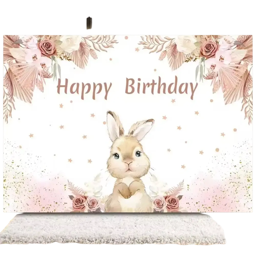 Easter bunny floral photography backdrop with soft pastel pink and white colors featuring a watercolor bunny and roses