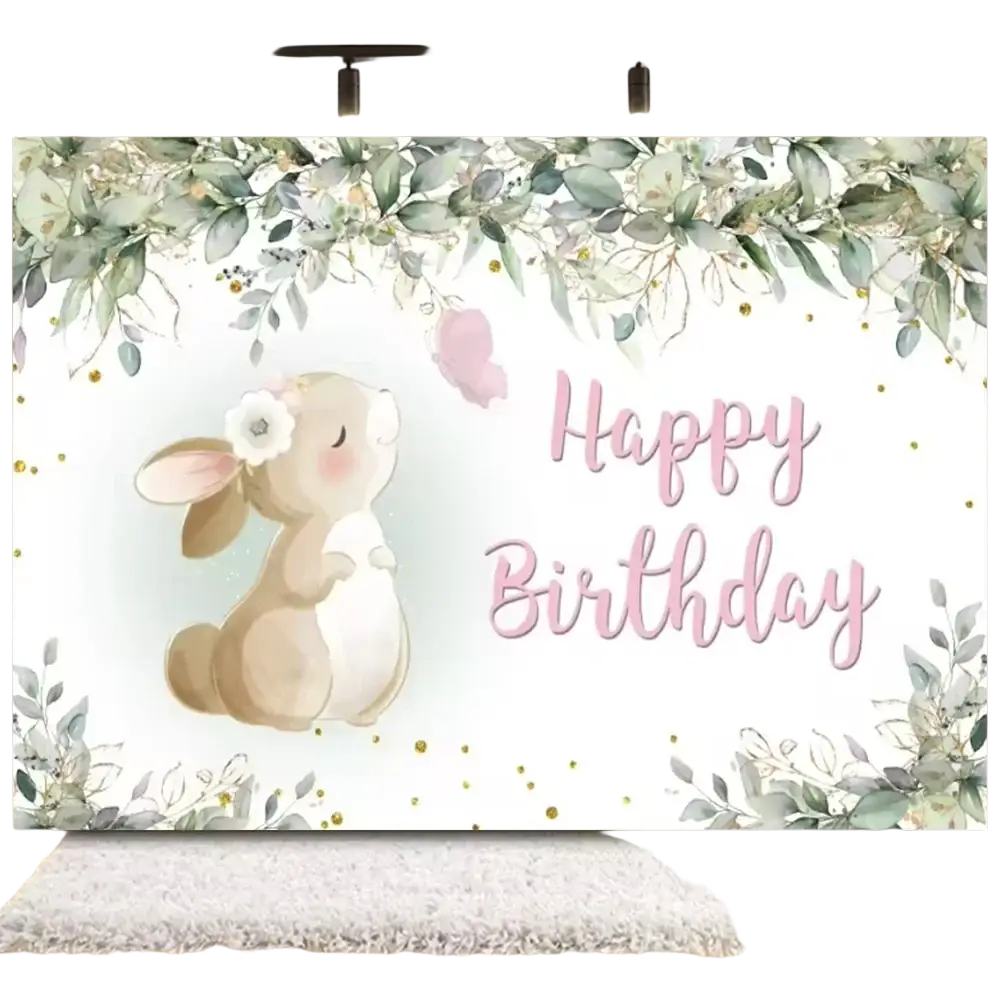 Easter bunny floral photography backdrop featuring a soft pastel pink and beige illustrated bunny with white flower on ear
