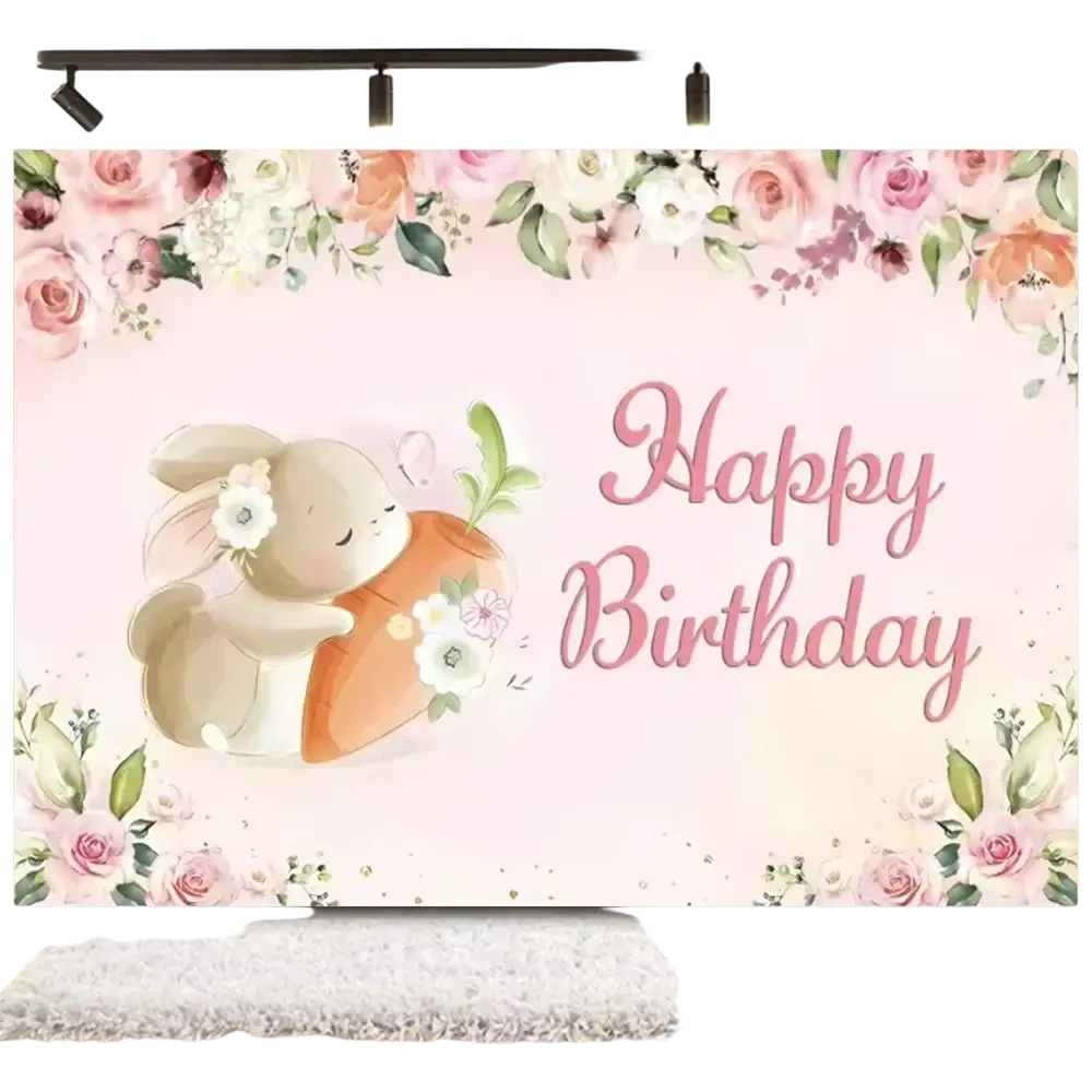 Easter bunny floral photography backdrop soft pink with cartoon bunny carrot and happy birthday script design