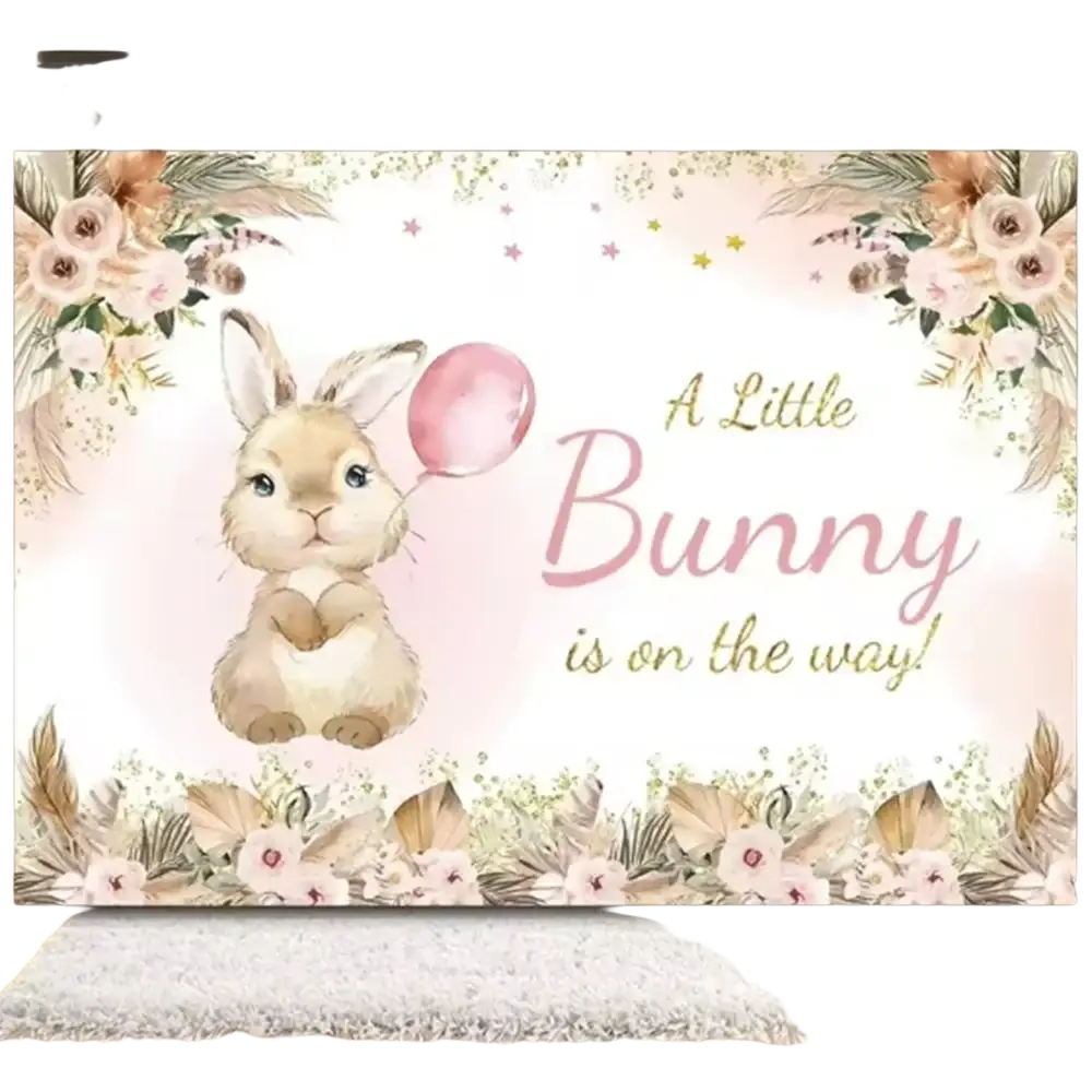 Easter bunny floral photography backdrop with soft pink beige colors featuring a cute bunny and balloon design