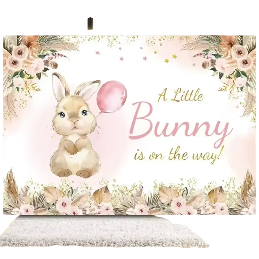 Easter bunny floral photography backdrop featuring a soft pink and beige illustrated bunny holding a balloon with floral accents