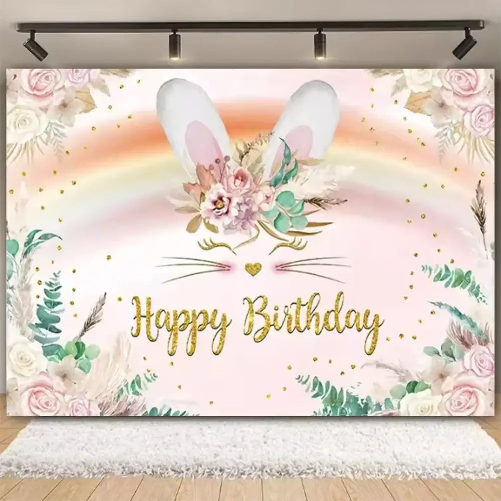 Easter bunny floral photography backdrop with soft pink and gold happy birthday design and cute bunny face on rainbow background