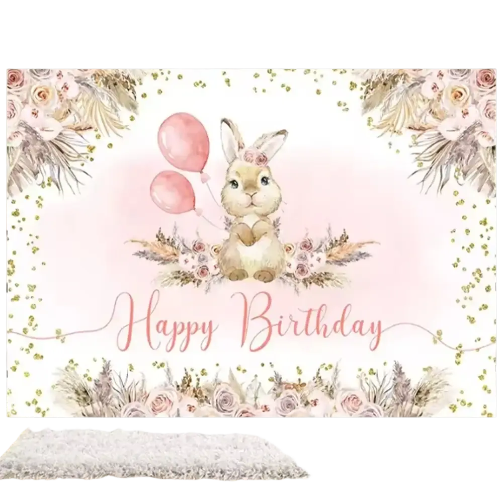 A soft pink and white floral easter bunny photography backdrop with a watercolor bunny holding balloons and gold confetti