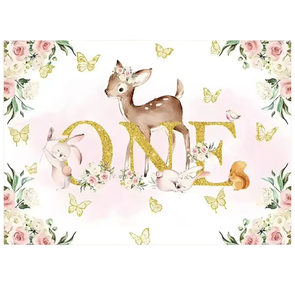 Easter bunny floral photography backdrop with soft pink and white flowers and glittery gold one with pastel woodland animals
