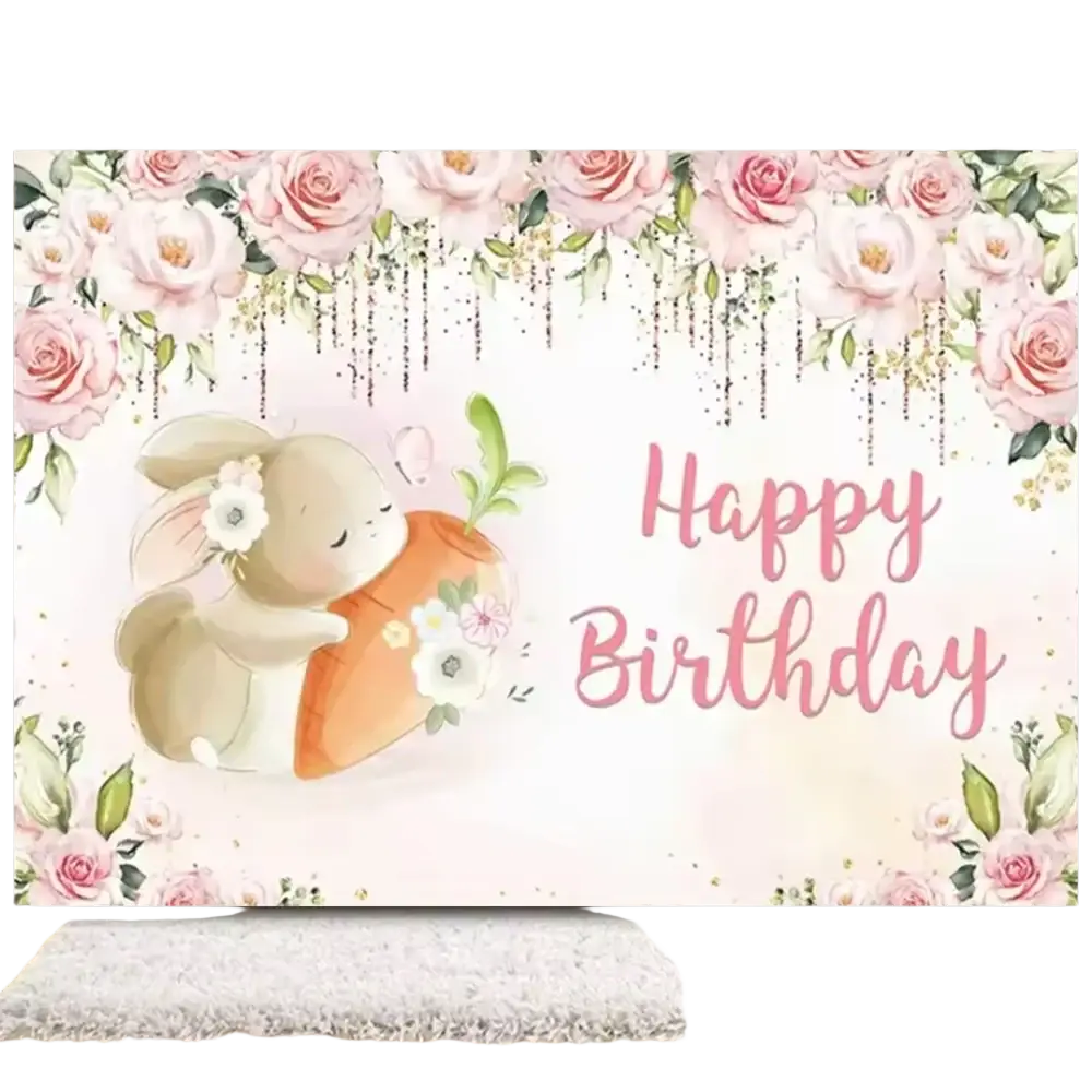 Easter bunny floral photography backdrop with soft pink and white roses and a cute bunny holding a carrot