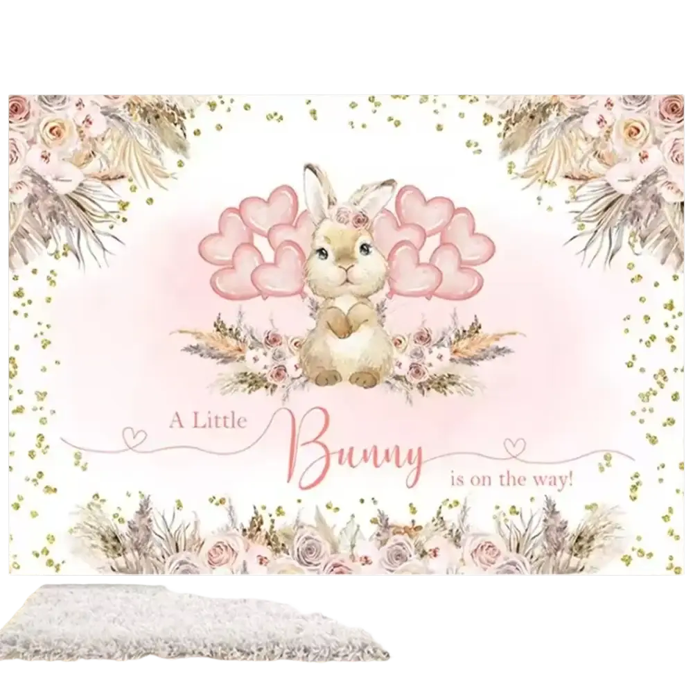 Easter bunny floral photography backdrop with soft pink and white watercolor bunny, hearts, roses, and gold confetti design