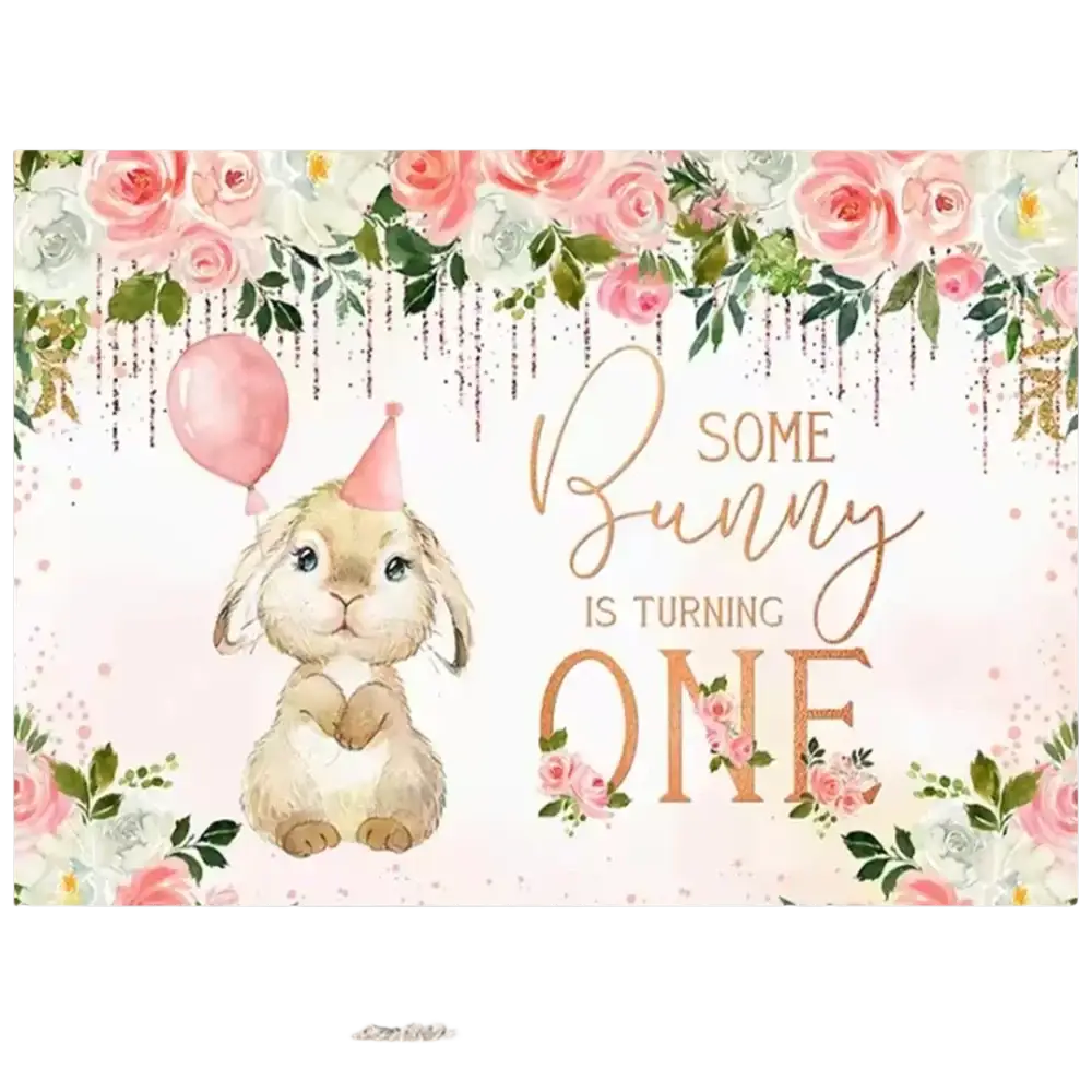 Easter bunny floral photography backdrop with soft pink and white flowers and a gold script baby shower message