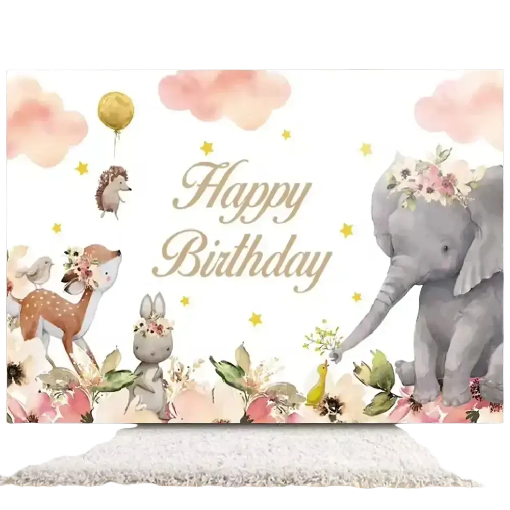 Easter bunny floral soft watercolor photography backdrop with gray elephant deer hedgehog bunny in pink clouds and gold stars