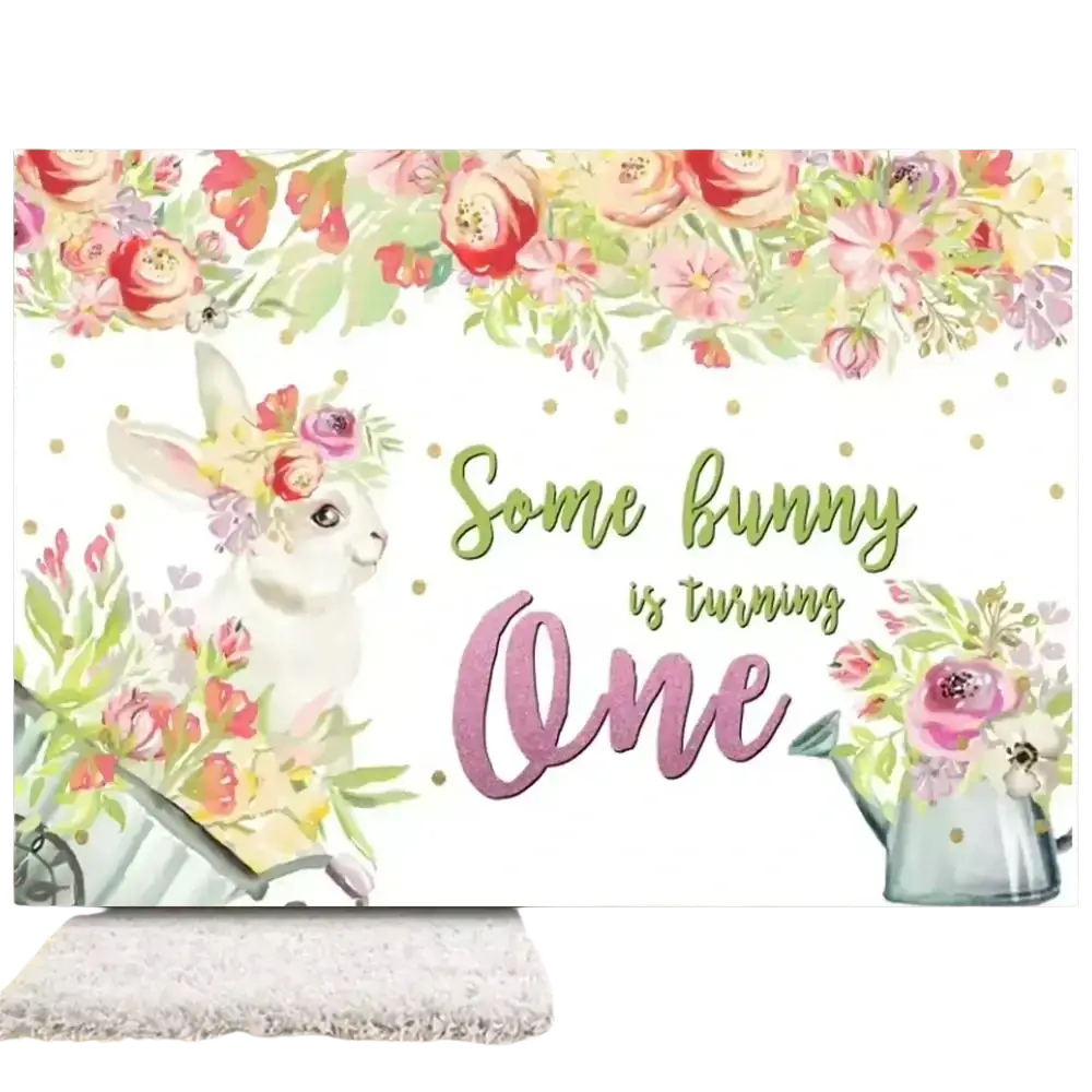 A charming easter bunny floral photography backdrop featuring a white bunny with flowers and birthday text in green and pink script