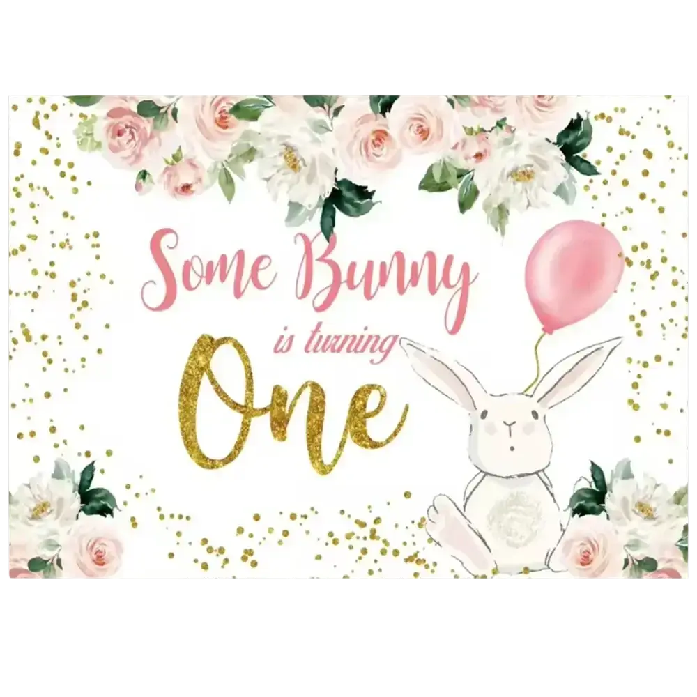 A charming easter bunny floral photography backdrop featuring a white bunny holding a pink balloon with blush roses and gold confetti