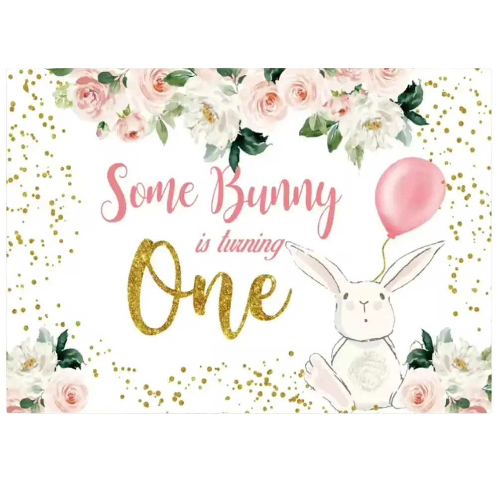 A charming white bunny holding a pink balloon with a soft pink and white rose floral backdrop and gold glitter confetti