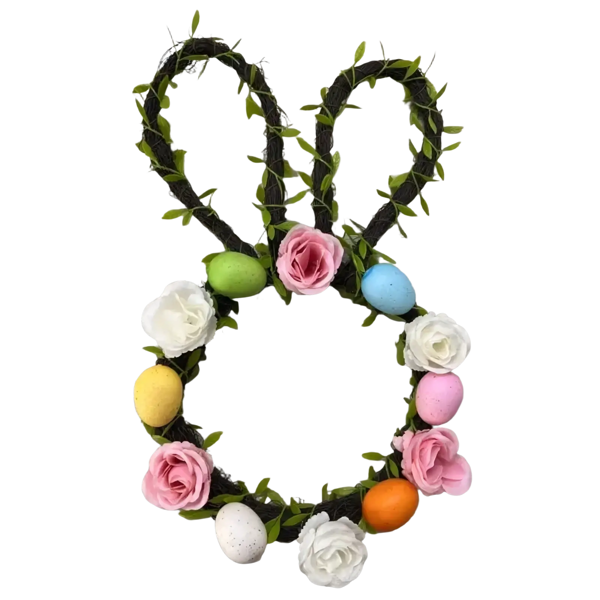 Easter bunny floral wreath for front door made of dark green vine with pink white yellow roses and speckled eggs