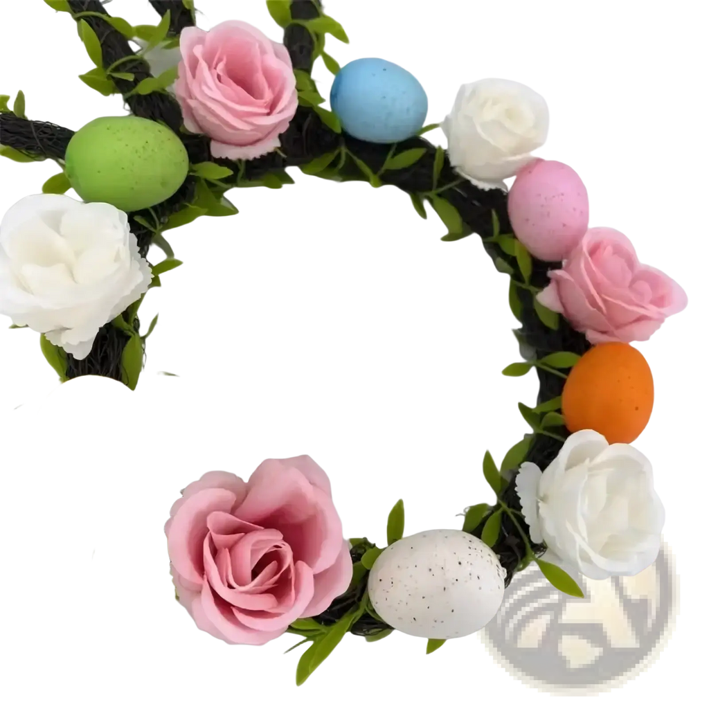 Easter bunny floral wreath with artificial pink white and peach roses and colorful speckled eggs for front door