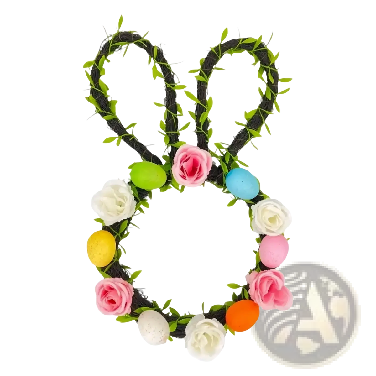 Easter bunny floral wreath with dark green vine, pink white yellow roses, and colorful plastic eggs for front door