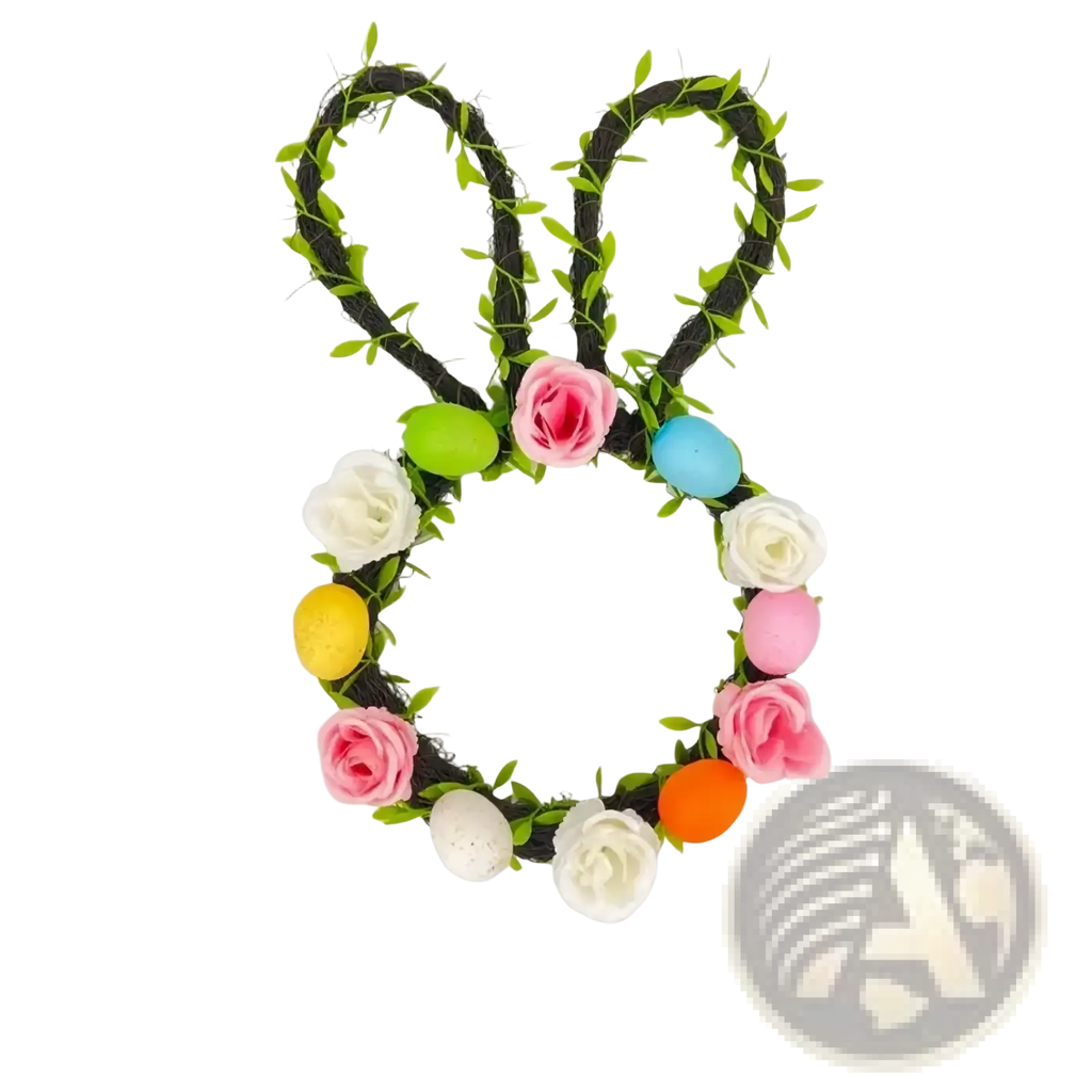 Easter bunny floral wreath for front door made of black woven wire with green foliage pink and white roses and colorful eggs
