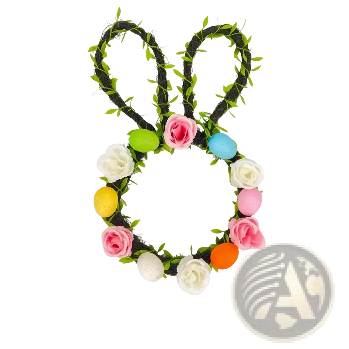 Easter bunny floral wreath for front door made of black woven wire with green foliage pink and white roses and colorful eggs