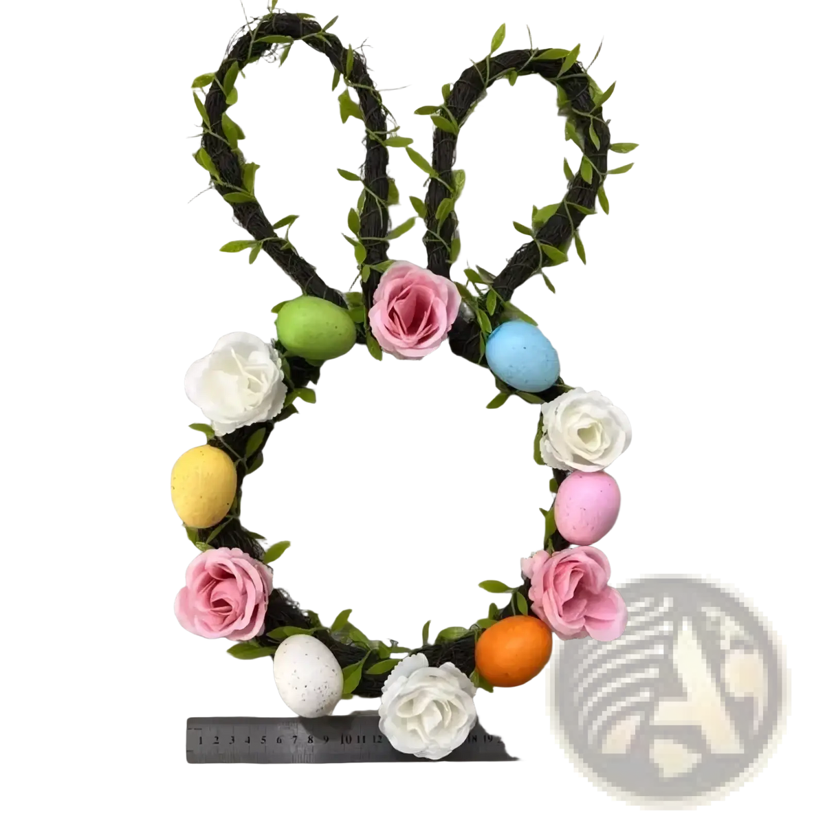 Easter bunny floral wreath for front door made of dark brown woven vine with green leaves pink and white fabric roses and colorful eggs