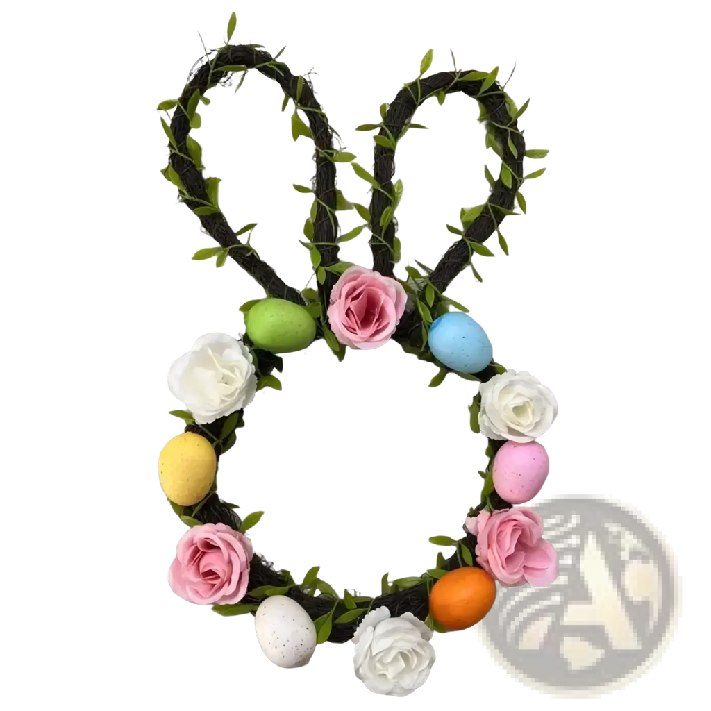 Easter bunny floral wreath for front door made of dark green vine with pink white yellow roses and speckled eggs