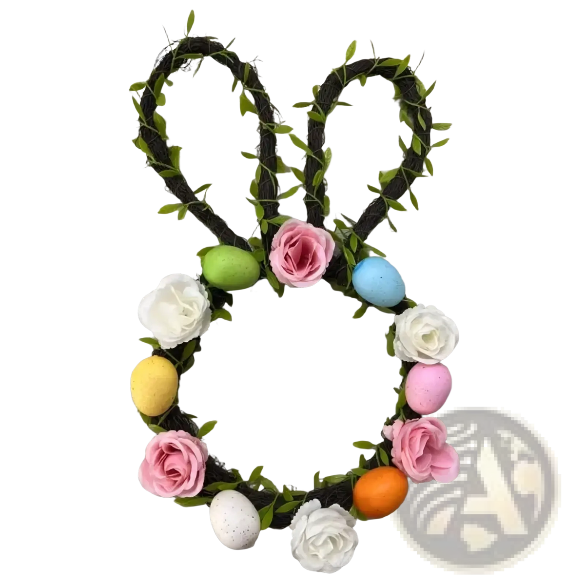 Easter bunny floral wreath for front door made of dark green vine with pink white yellow roses and speckled eggs
