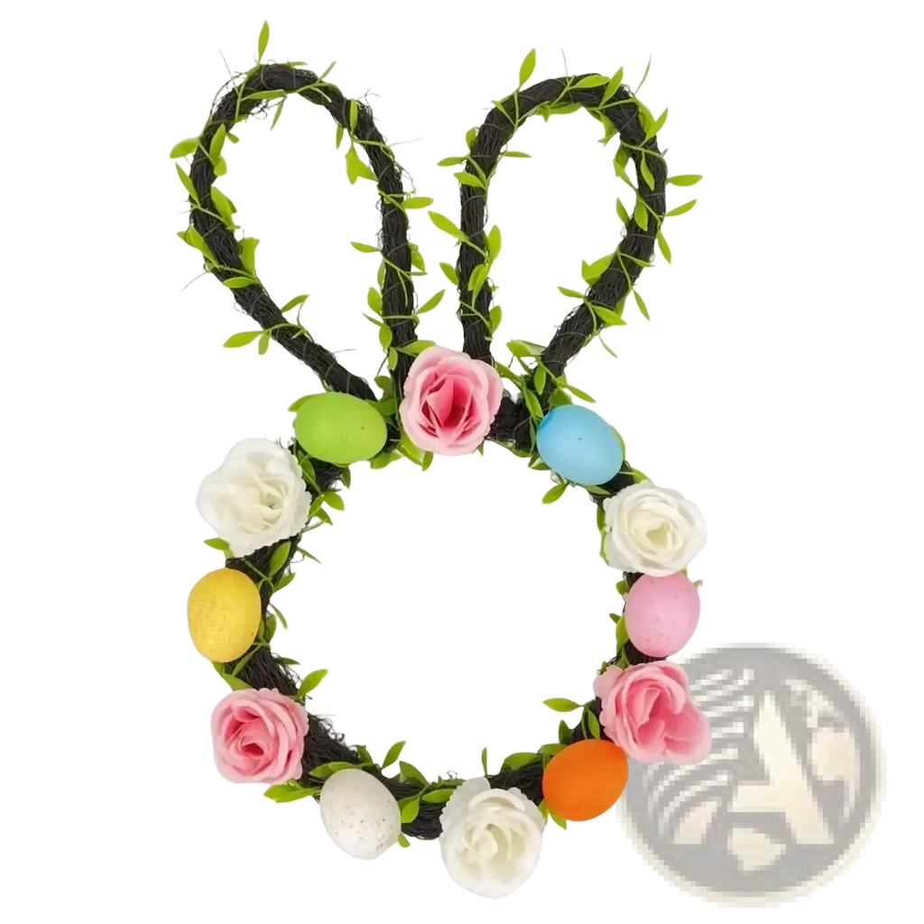 Easter bunny floral wreath made of dark green woven vines with pink white roses and colorful plastic eggs for front door
