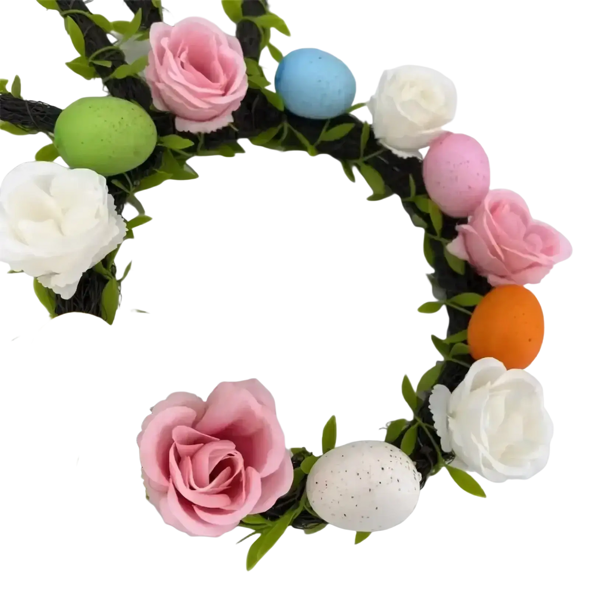 Easter bunny floral wreath featuring artificial pink white and orange roses with pastel speckled eggs for front door decor