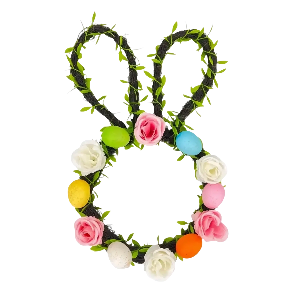 Easter bunny floral wreath with dark green vine, pink white yellow roses, and colorful plastic eggs for front door