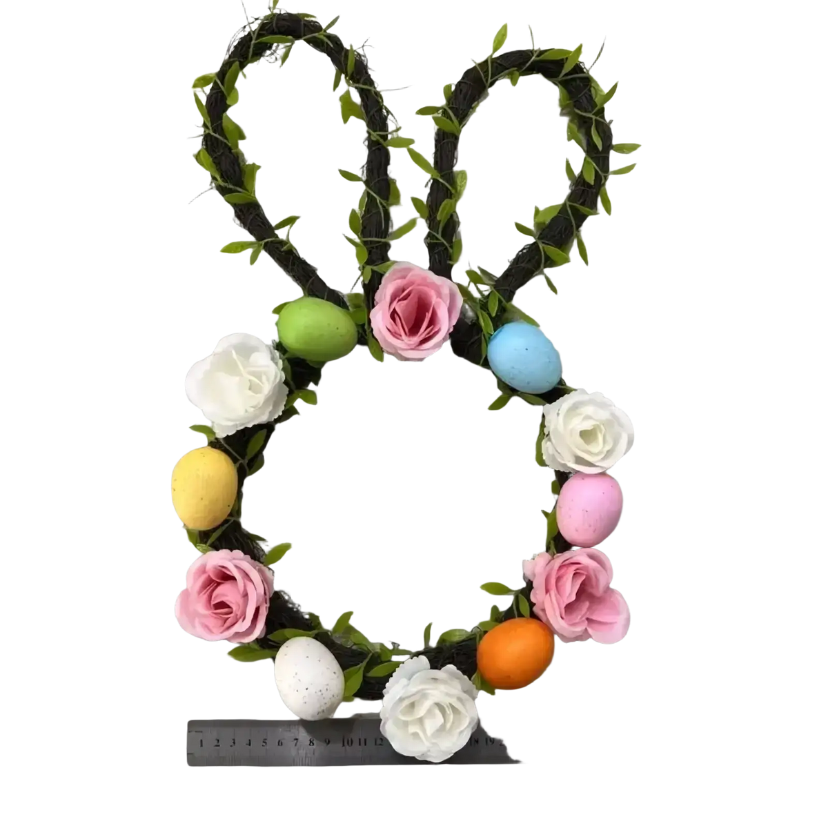 Easter bunny floral wreath with artificial green vines pink and white roses and pastel eggs for front door decor