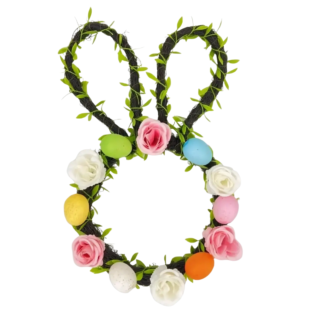 Easter bunny floral wreath made of dark green woven vines with pink white roses and colorful plastic eggs for front door