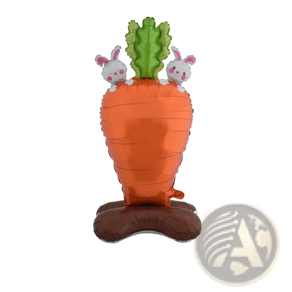 Easter bunny foil balloon party decoration featuring a vibrant orange glossy carrot shape with green leafy top and white bunny faces