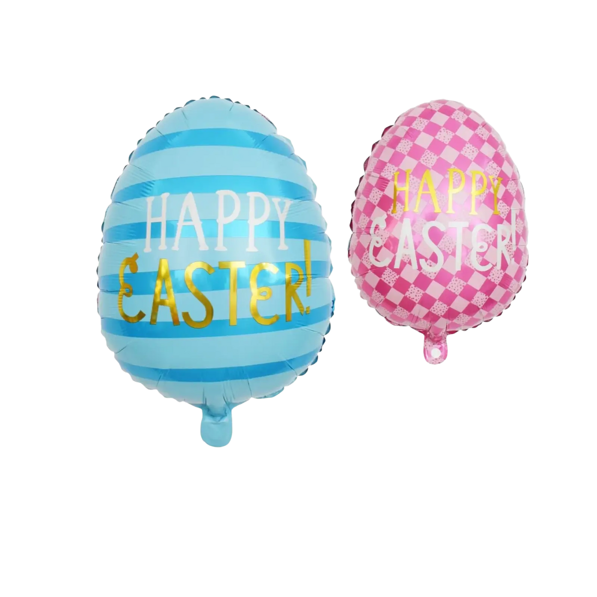 Easter bunny foil balloon party decoration with blue and pink Easter egg-shaped balloons printed happy Easter in gold and white lettering