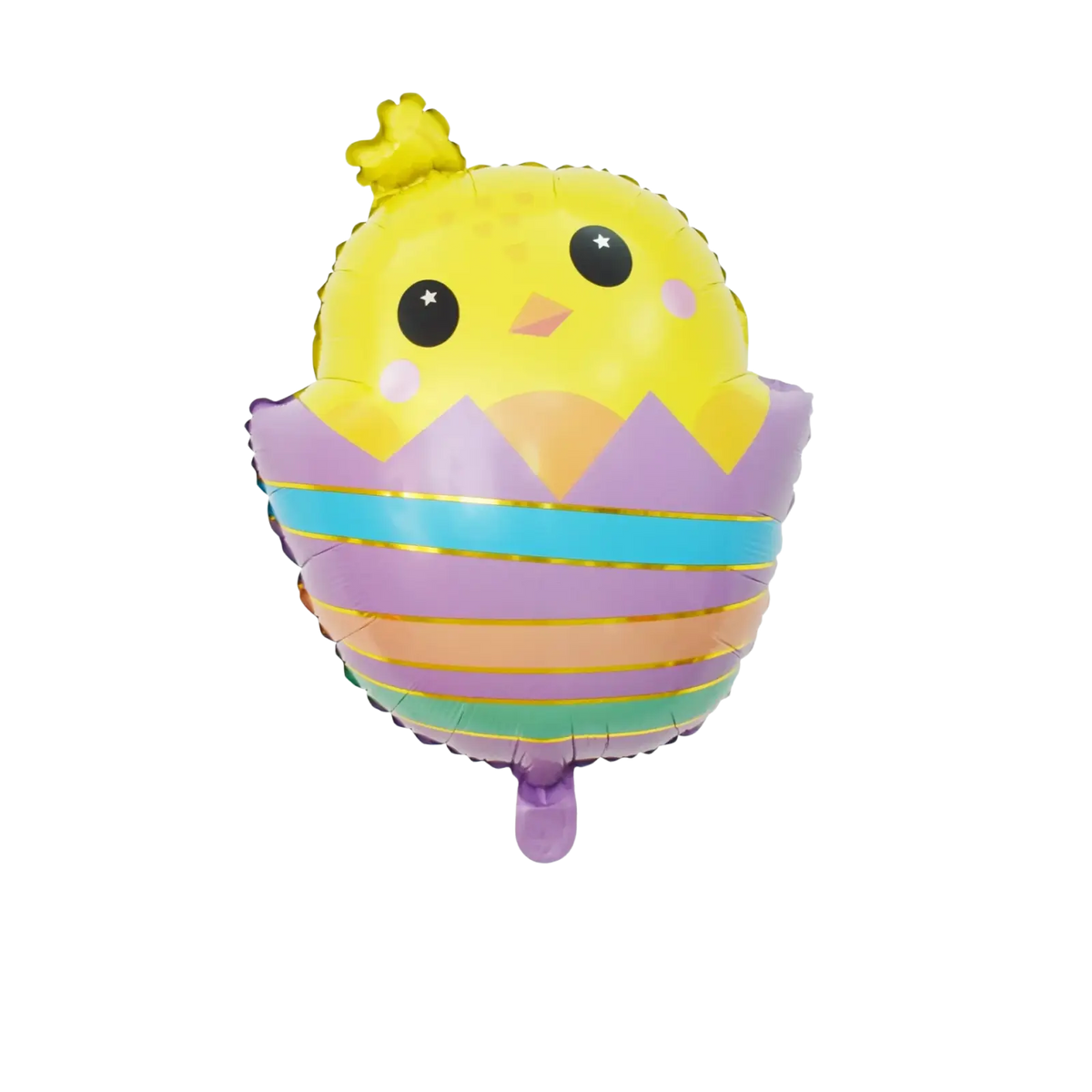A cheerful yellow chick foil balloon with black starry eyes peeking from a striped purple and rainbow egg for easter party decoration