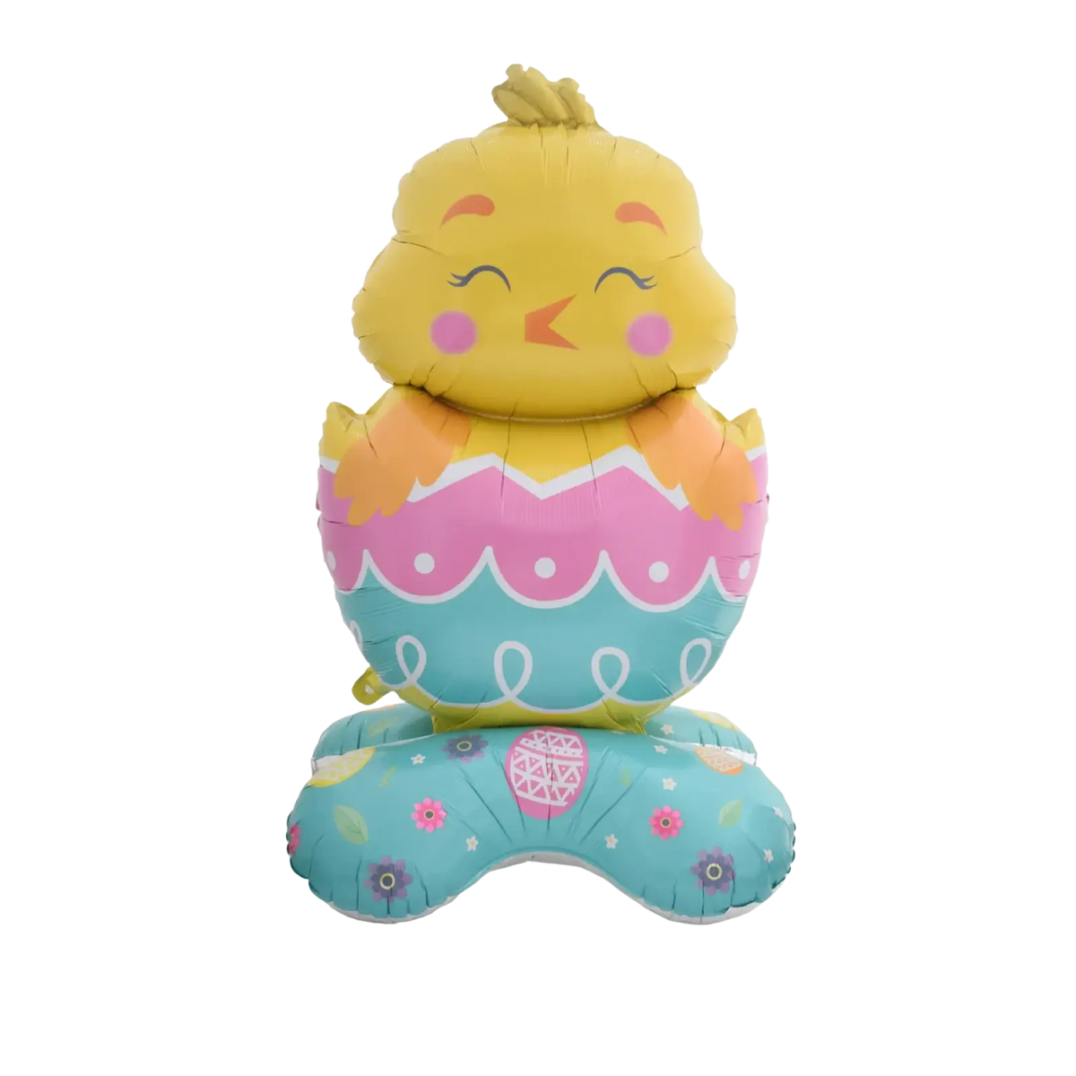 A cheerful yellow inflatable chick with pink cheeks nestled in a pastel striped and floral easter egg foil balloon