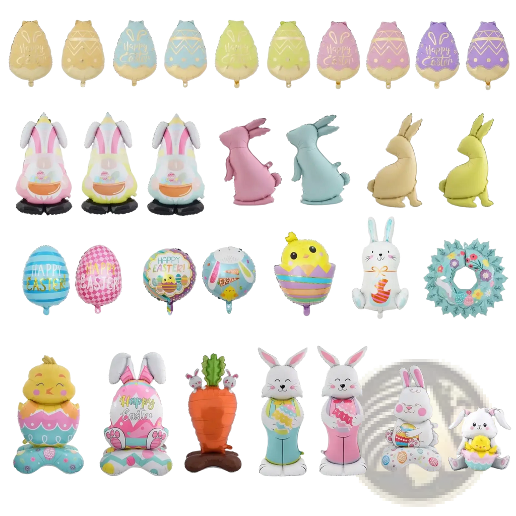 Easter bunny foil balloon party decoration featuring pastel-colored foil balloons shaped like eggs bunnies chicks and carrots