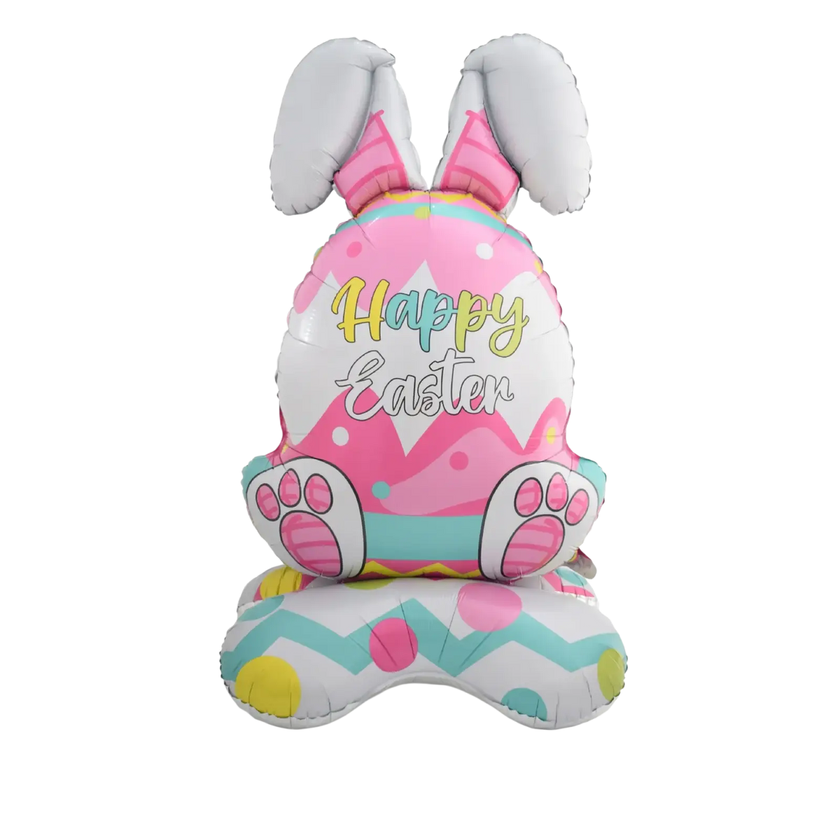 A pink and white inflatable foil easter bunny balloon with gray ears and colorful egg patterns for party decoration