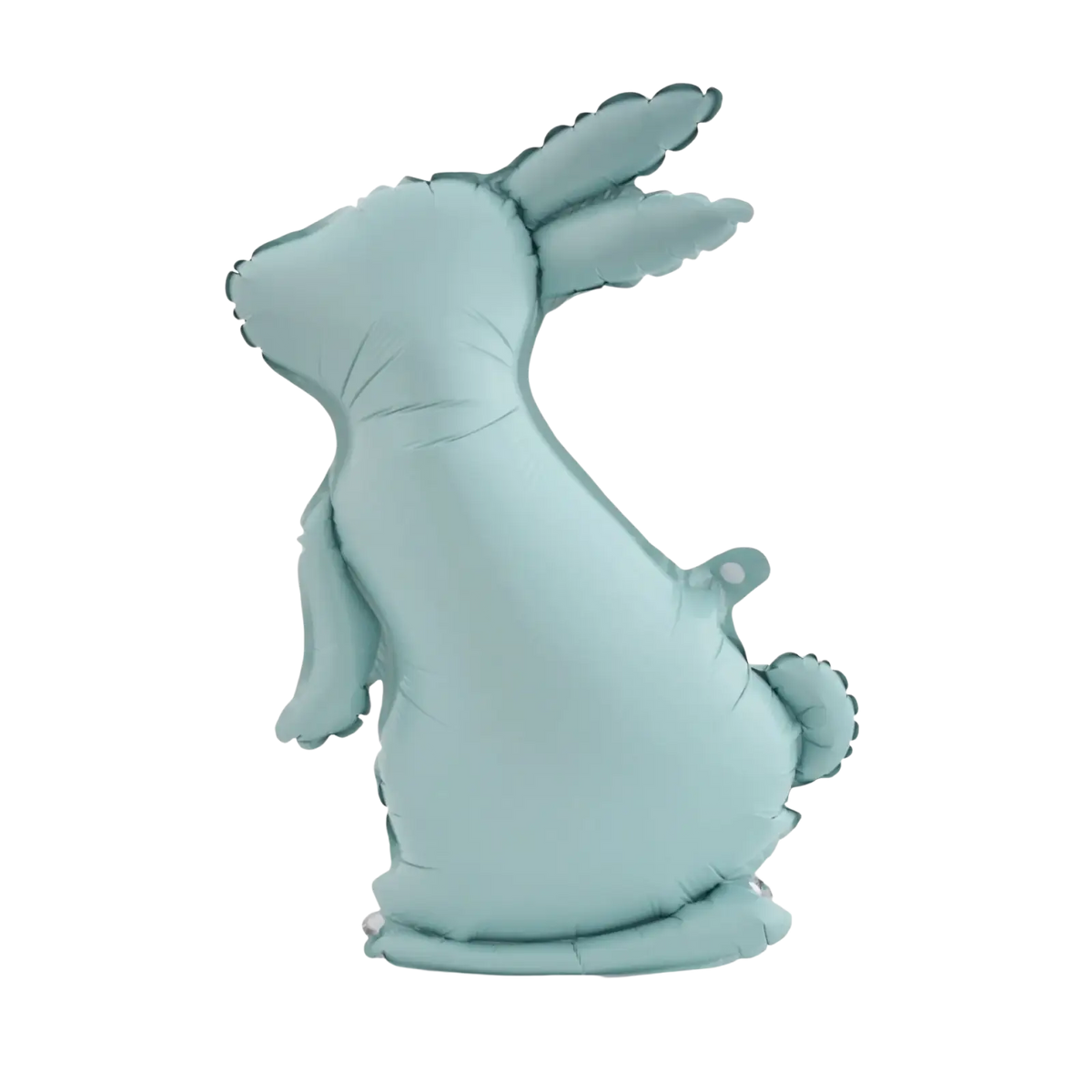 A soft blue inflatable foil Easter bunny balloon with 3D design and scalloped edges for party decoration