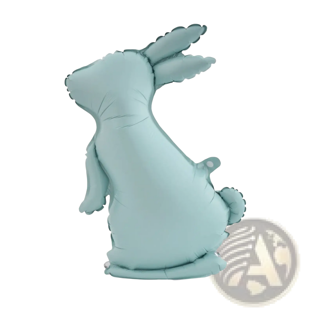 A soft blue inflatable foil Easter bunny balloon with 3D design and scalloped edges for party decoration
