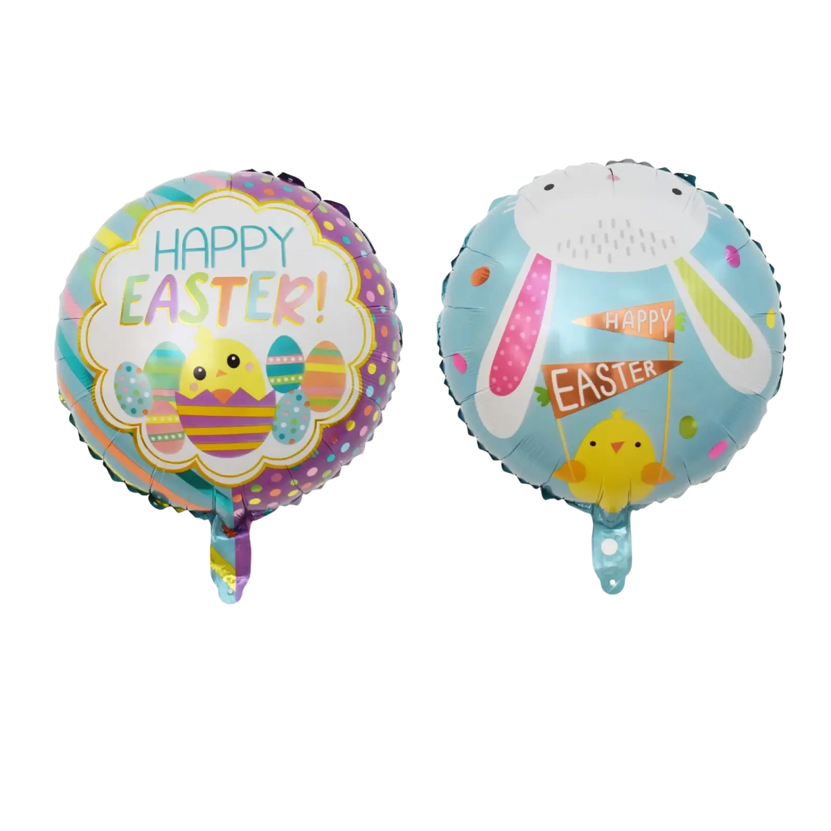 Two festive easter bunny foil balloons featuring colorful happy easter designs with eggs and chicks for party decoration