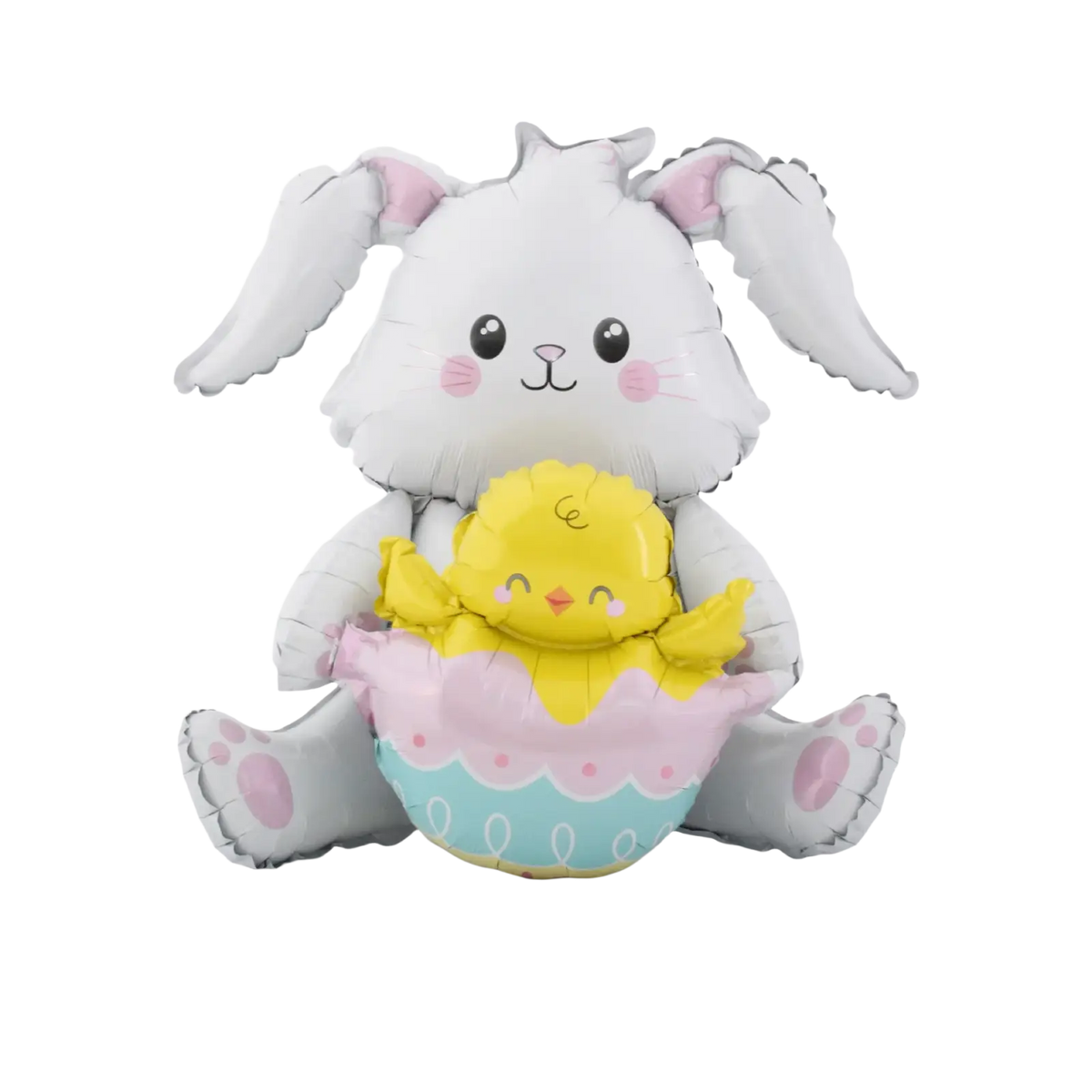 A white plush inflatable easter bunny foil balloon with pink ears holding a yellow chick inside a pastel egg balloon