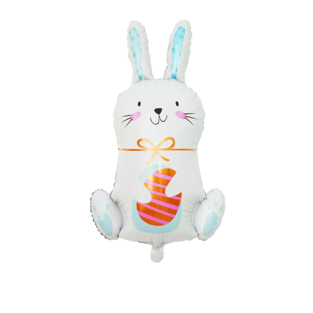 A white inflatable Easter bunny foil balloon with light blue ears and an orange striped egg design for party decoration