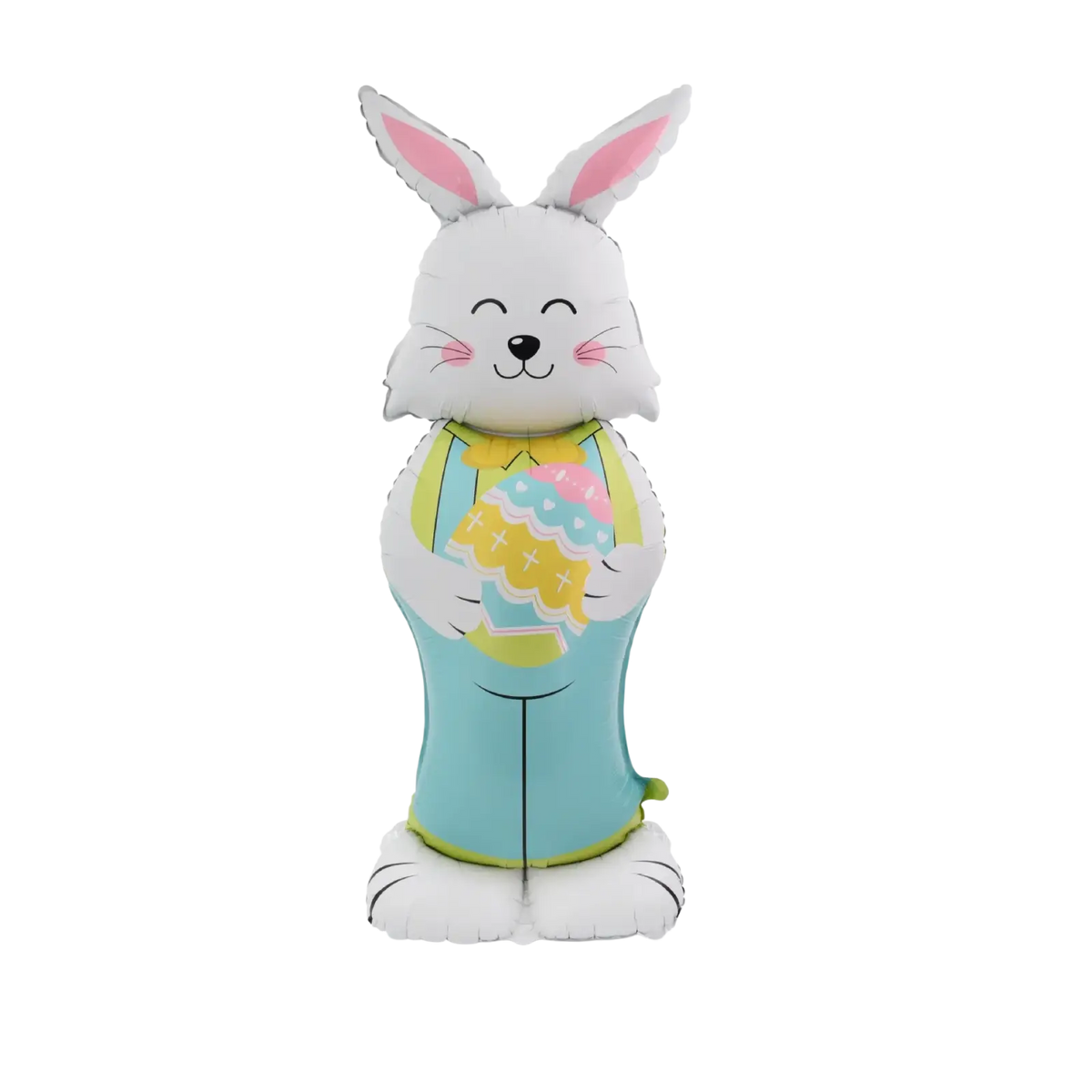 A white inflatable Easter bunny foil balloon with pink ears wearing a light blue outfit holding a colorful egg