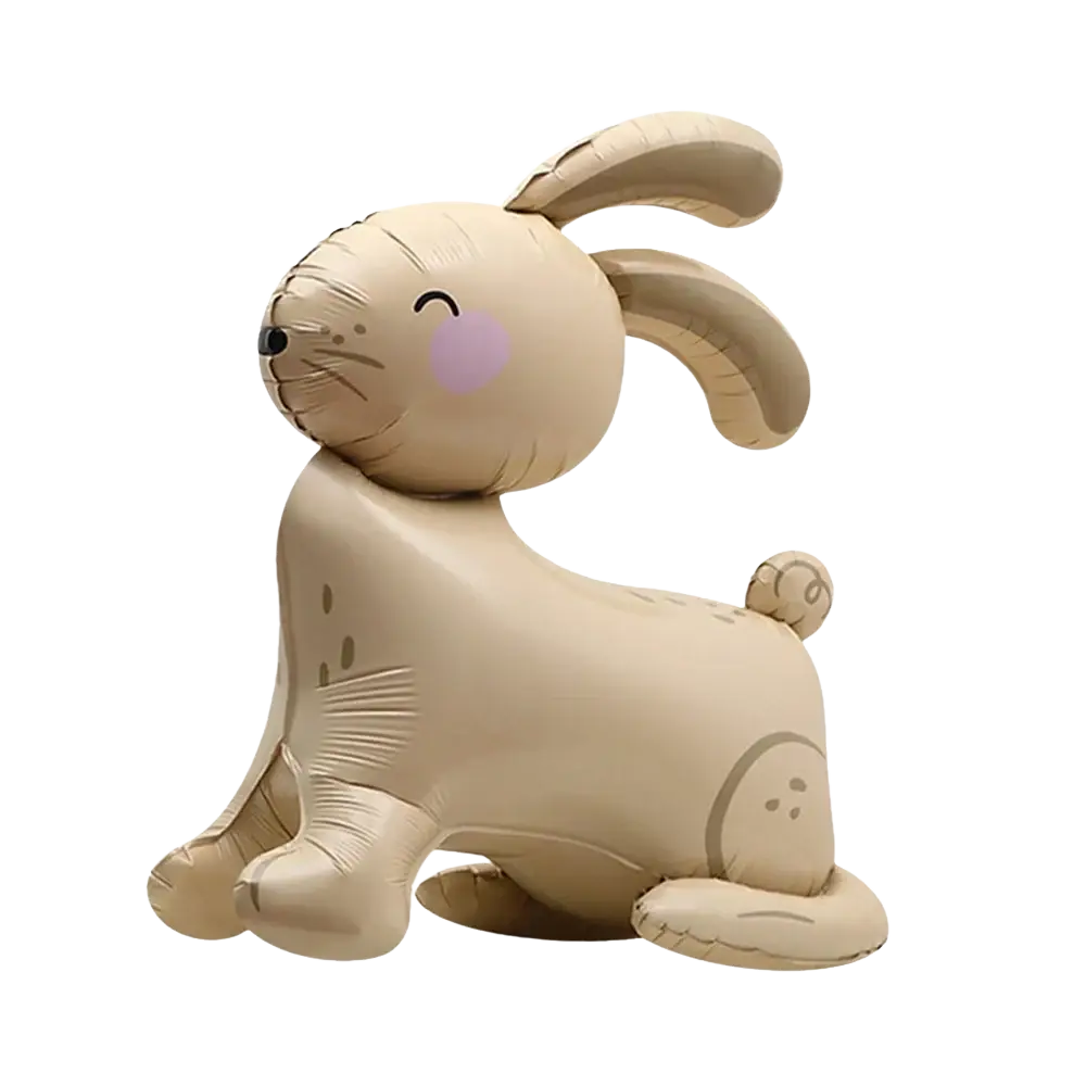 A beige 4d standing balloon shaped like a cute rabbit with closed eyes and pink cheeks for Easter Bunny set