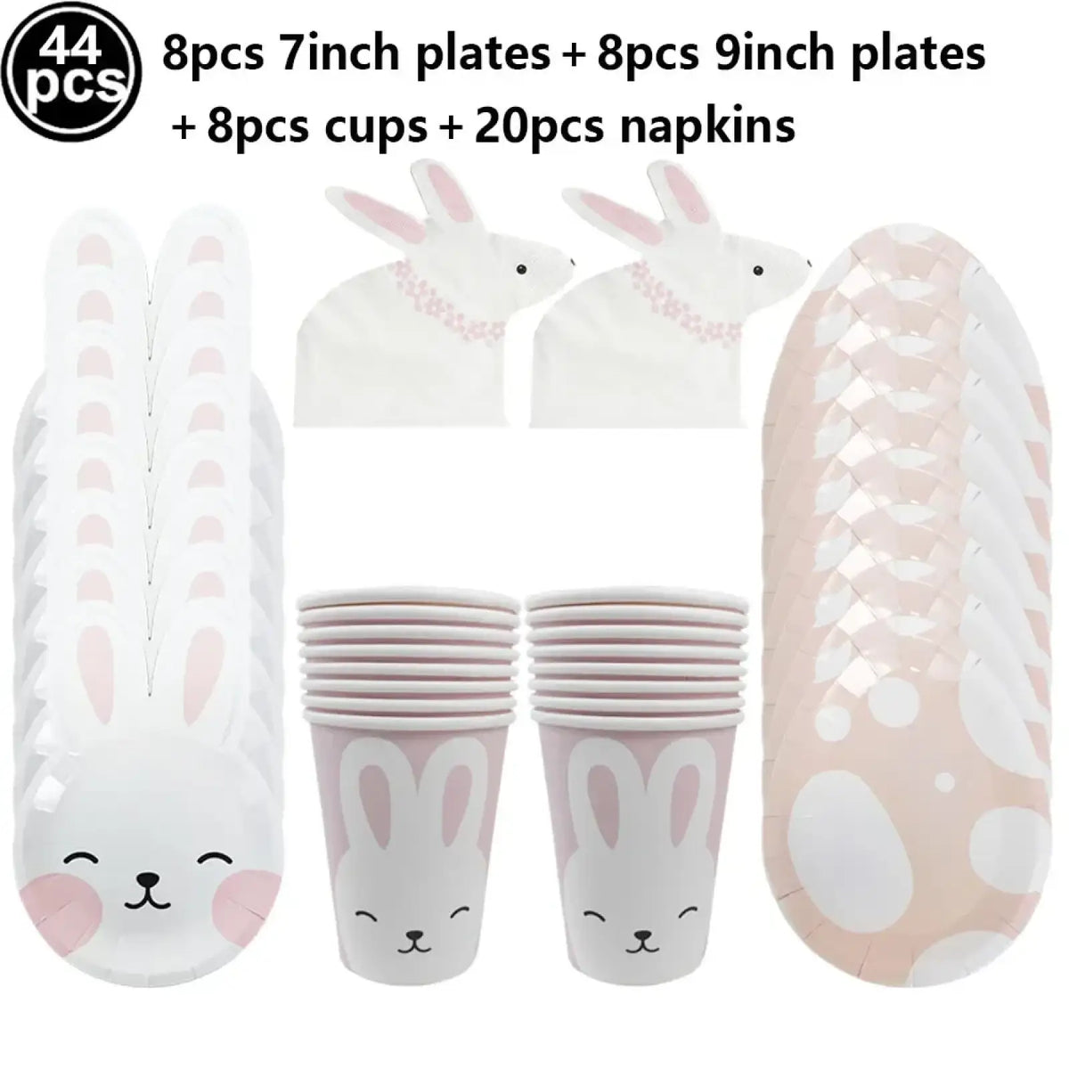 Easter bunny paper plates featuring cute white bunny faces with pink accents for festive party use