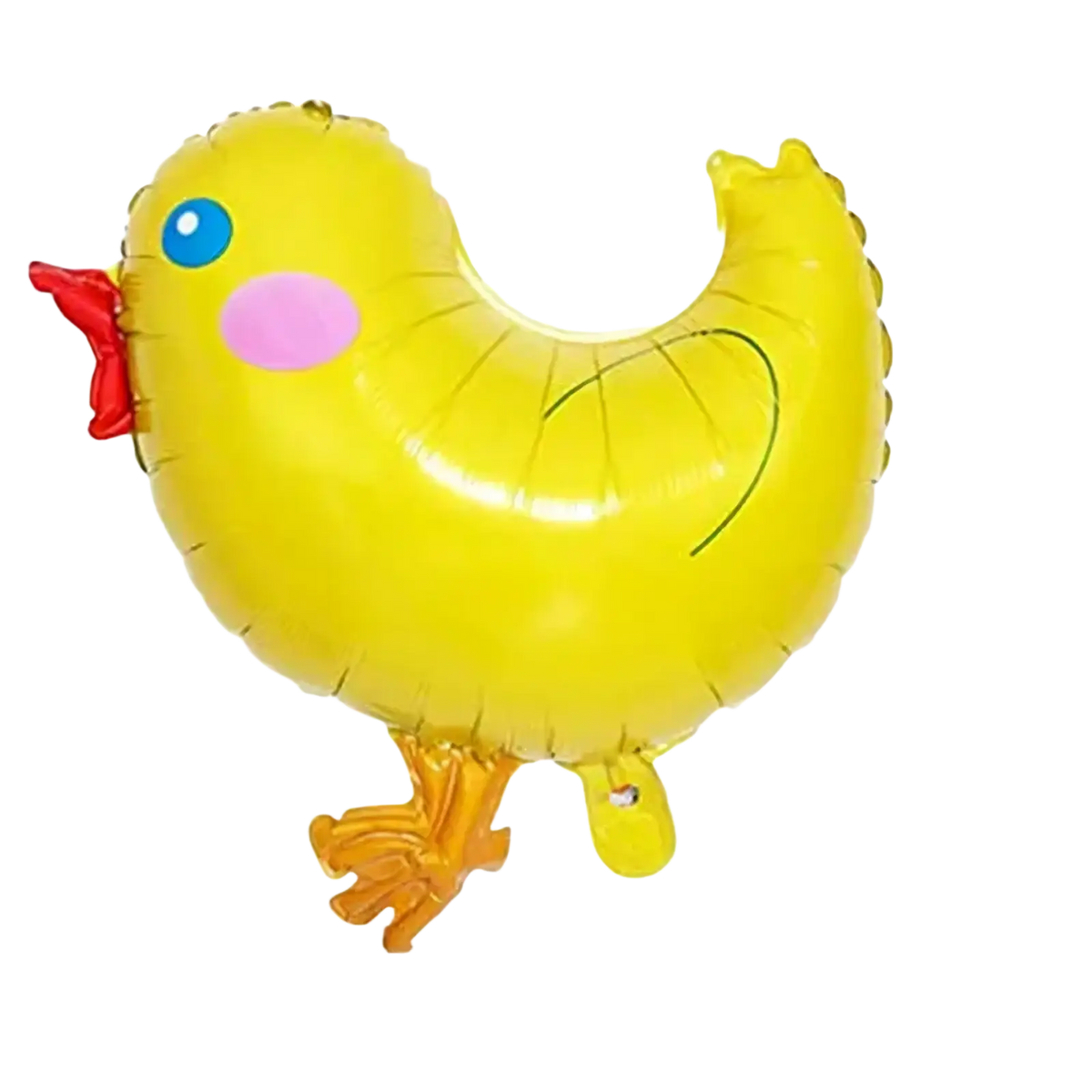 A bright yellow inflatable duck balloon with blue eye pink cheek red beak and orange feet alongside easter bunny paper plates and cups set