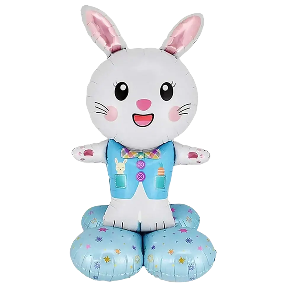 A cheerful white inflatable bunny balloon with pink ears and cheeks wearing a blue vest for easter party decor