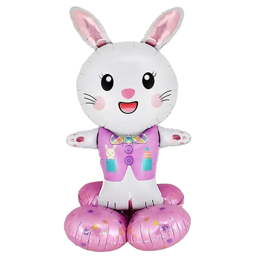 A cheerful white and pink foil balloon shaped like a sitting bunny wearing a purple vest with blue pockets for Easter