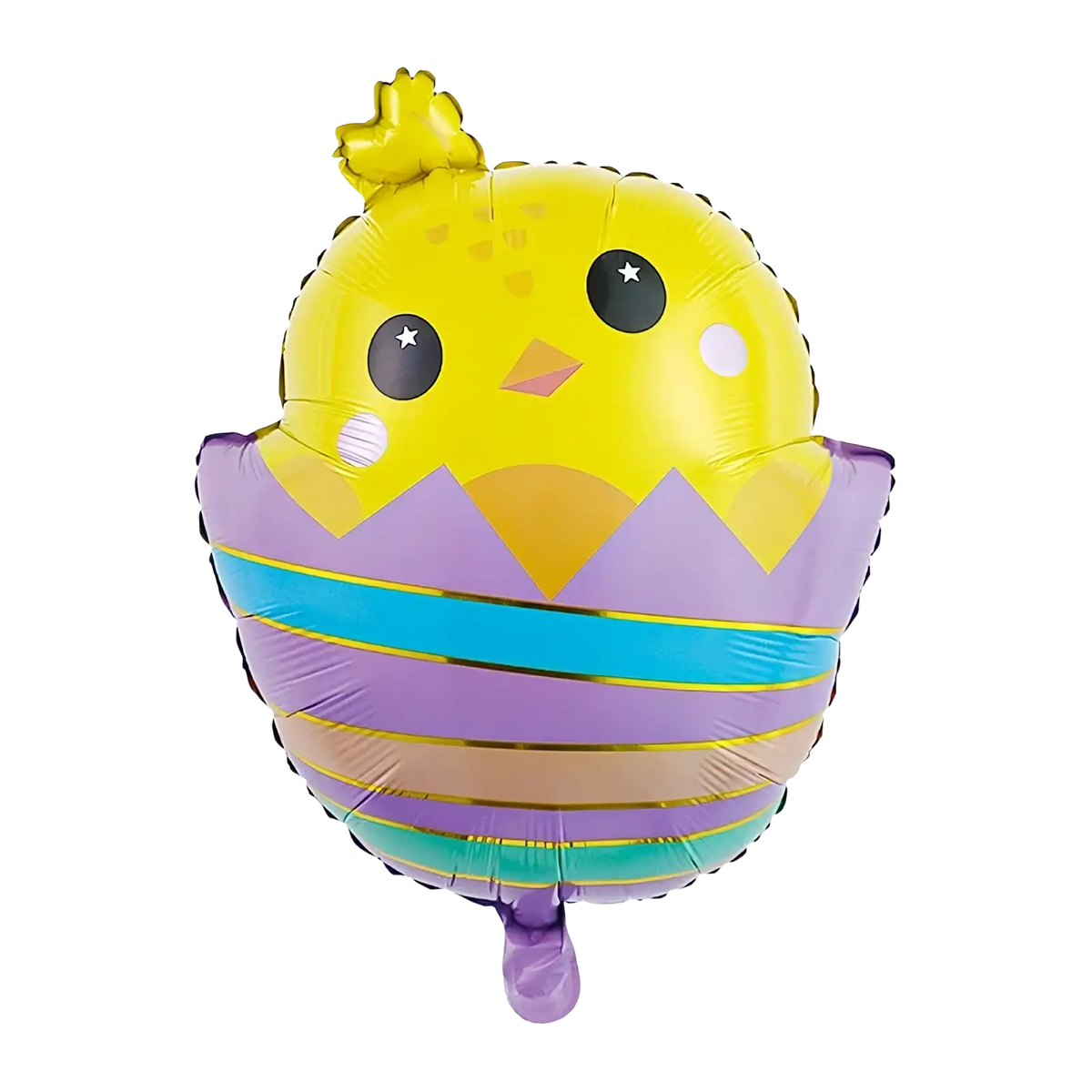 A cheerful yellow chick-shaped foil balloon with purple eggshell design and colorful stripes in easter bunny paper plates and cups set